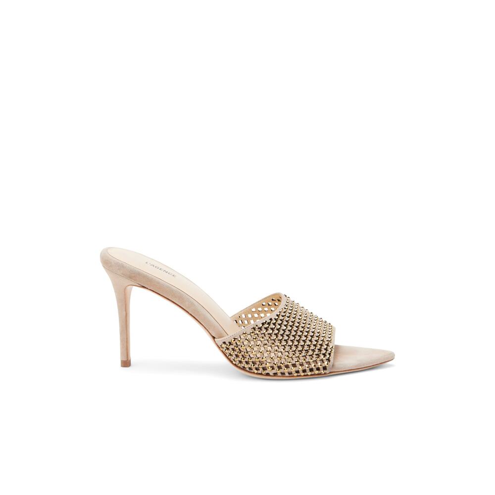 L'AGENCE Gold Metallic Studded Open-Toe Slide Sandals